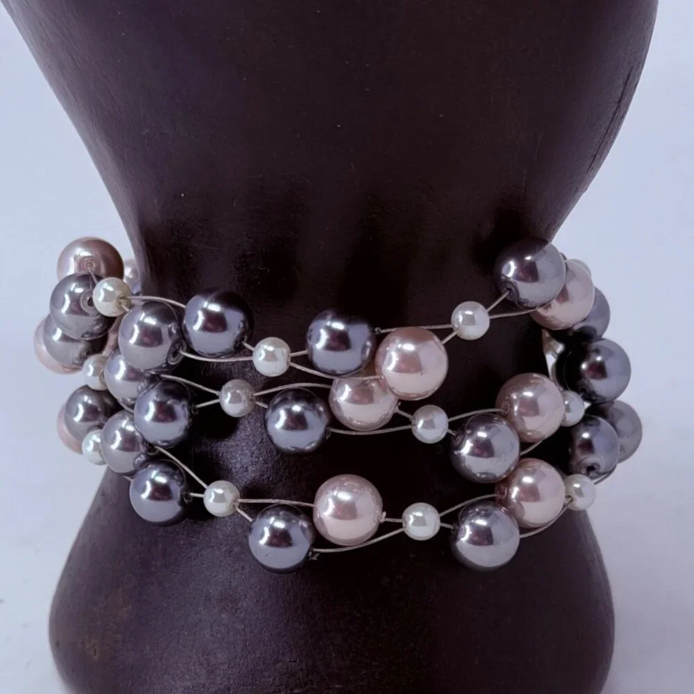Vintage Silver Pearl Illusion Bracelet Sterling Silver 925 Triple Strand Unworn - Picture 3 of 8
